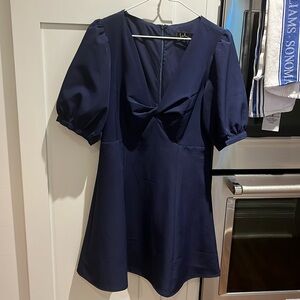 NWOTs Lulus Navy Dress Brilliantly Beautiful Navy Blue Puff Sleeve Skater Dress